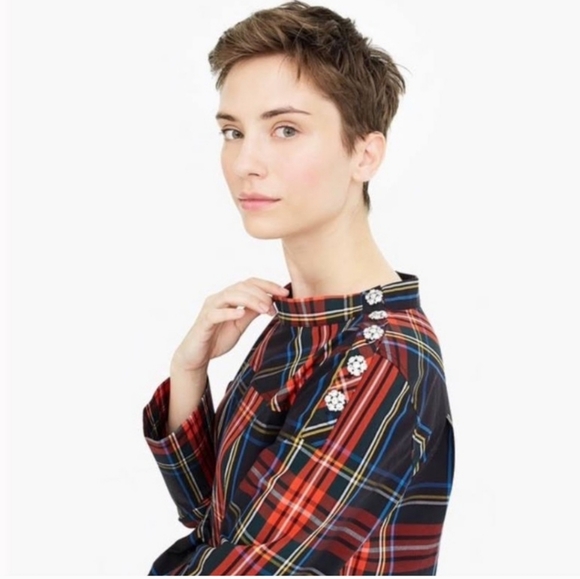 J. Crew Funnelneck Stewart Tartan Jeweled Long Sleeve Shirt Christmas Festive - Picture 3 of 8